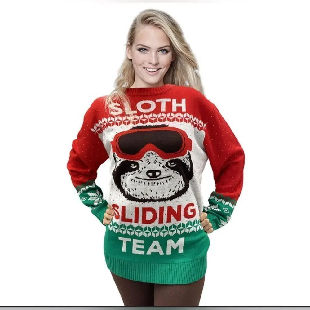 T Stars Ugly Christmas Sweater “Sloth Sliding Team” Sz Large